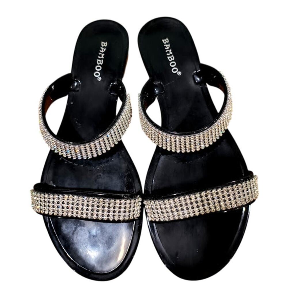 Bamboo Sandals‎ with Sparkly Straps, Black, Silver, Size 8